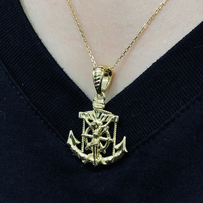 14k Gold Anchor with Crucifix Pendant 1.25"